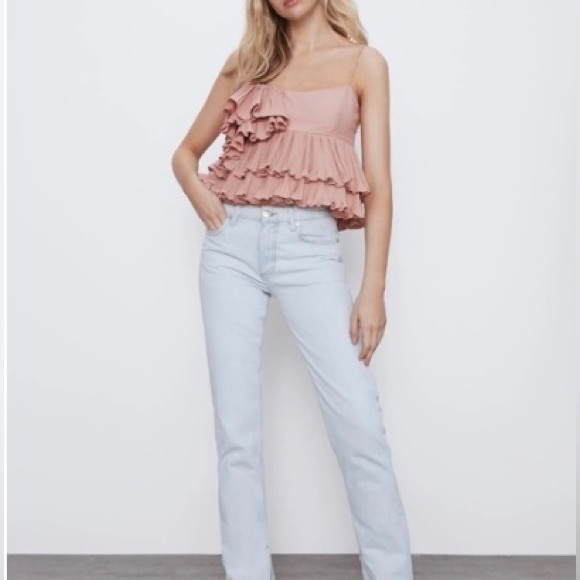 Zara XS Asymmetric Layered Pleated Ruffle Sleeveless Blouse Dusty Pink - Picture 2 of 10